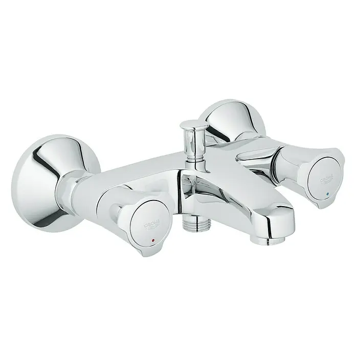 Grohe Costa Badewannenarmatur - Chrom, Glänzend - Glänzende Chrom-Badarmatur von Grohe mit Hebeln zur Temperaturregelung und einem mittigen Umsteller für Brausefunktion.
