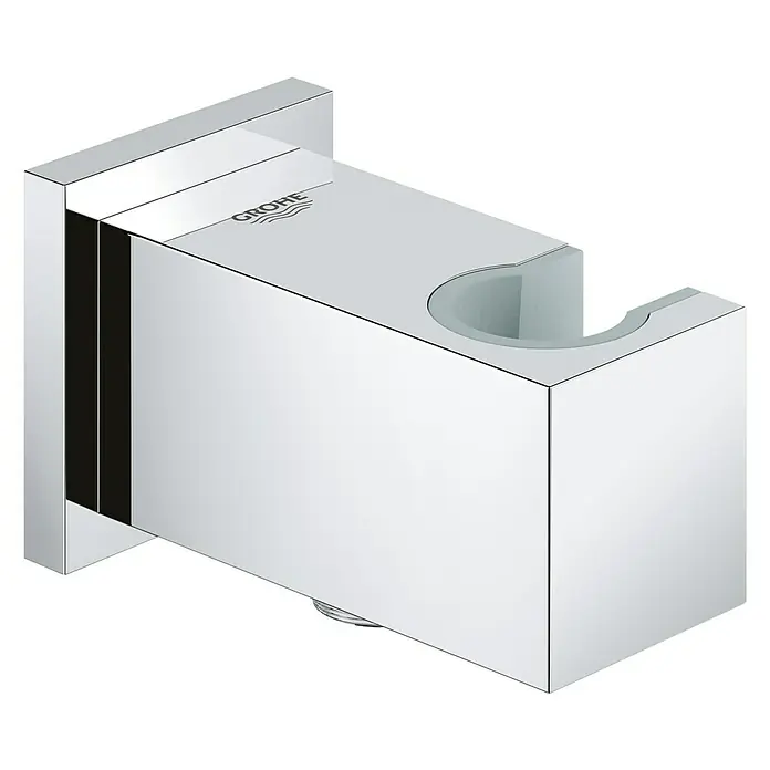 Grohe Euphoria Cube Brausehalter - Metall, Chrom - Nahaufnahme einer verchromten Grohe-Duschhalterung mit modernem, eckigem Design für das Badezimmer.