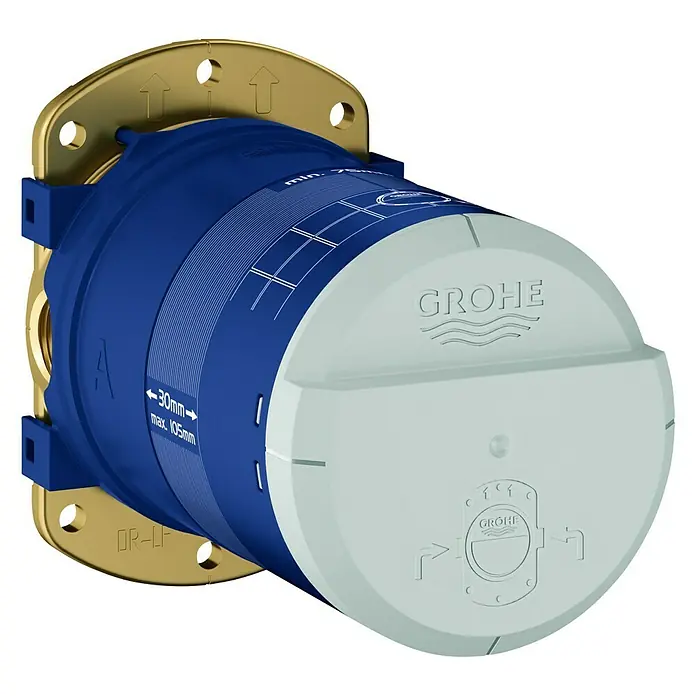 Grohe Rainshower SmartActive Unterputzsystem - ½″, Passend für: Grohe Kopfbrausen Rainshower SmartActive - Nahaufnahme des GROHE Rapido Smartbox Unterputzkörper, einbaufertig, in Blau, Gold und Weiß.