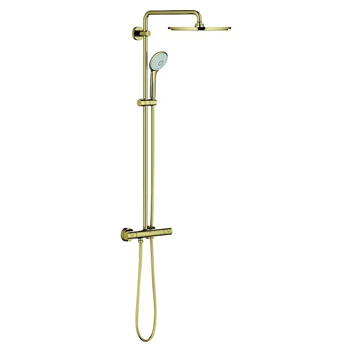 Grohe Euphoria Duschsystem 310 - Mit Thermostatarmatur, Lochabstand: 101,6 cm, Anzahl Strahlarten: 1 Stk., Cool Sunrise, Oberflächenbehandlung: Poliert - Nahaufnahme eines goldenen Duschpaneels mit Kopf- und Handbrause, das Eleganz und Komfort für ein luxuriöses Duscherlebnis vereint.