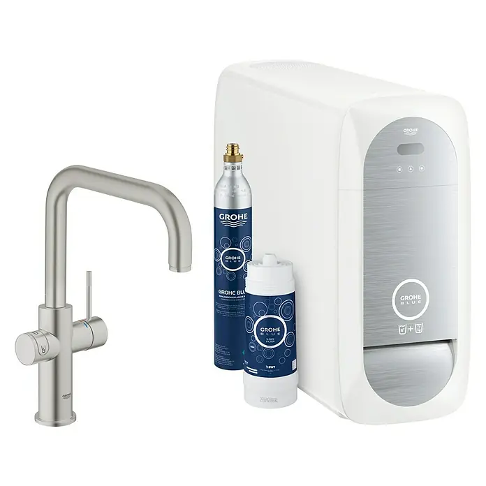 Grohe Spültischarmatur Blue Home - Höhe: 37,3 cm, U-Auslauf, Supersteel, Matt, Schwenkbar - Grohe Blue Wassersystem mit Armatur, Filter und CO2-Flasche für gefiltertes und sprudelndes Wasser direkt aus dem Wasserhahn.