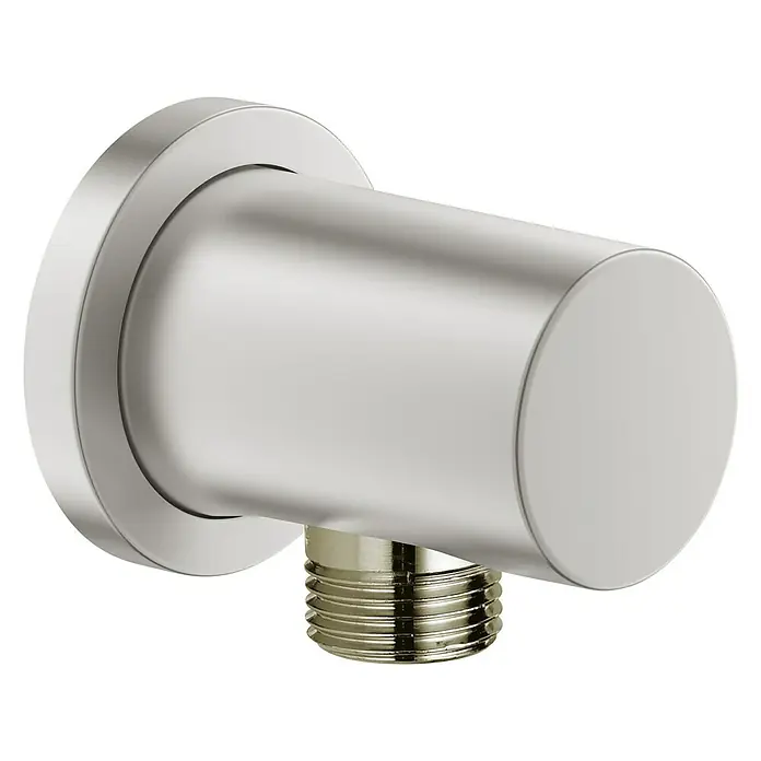 Grohe Rainshower Brauseanschluss - ½″, Supersteel - Nahaufnahme eines gebürsteten Nickel-Wandellenbogens mit Gewindeanschluss. Ideal für moderne Badezimmerinstallationen.