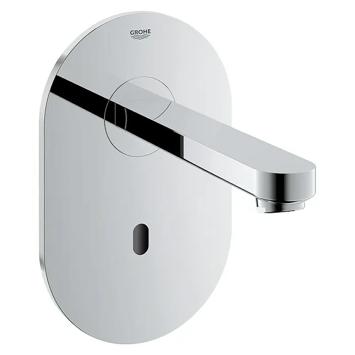 Grohe Euroeco Waschtischarmatur - Wandmontage, Chrom, Glänzend, Ausladung Armatur: 172 mm - Nahaufnahme eines Grohe Eurosmart Cosmopolitan E Waschtischarmatur.‎ Die Armatur ist glänzend und modern.‎