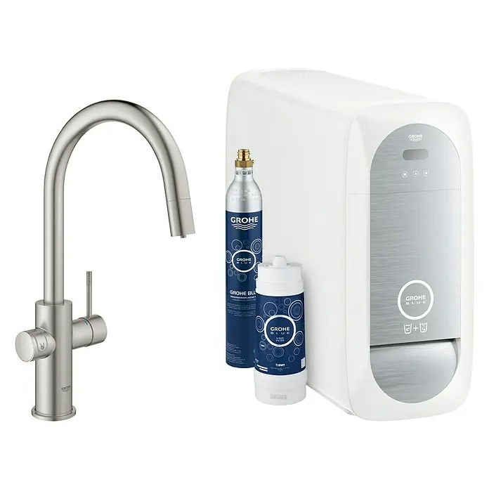 Grohe Spültischarmatur Blue Home - Höhe: 41,9 cm, C-Auslauf, Supersteel, Matt, Schwenkbar - GROHE Blue Wassersystem mit Armatur, Filter und CO2-Flasche für gefiltertes und sprudelndes Wasser direkt aus dem Hahn.
