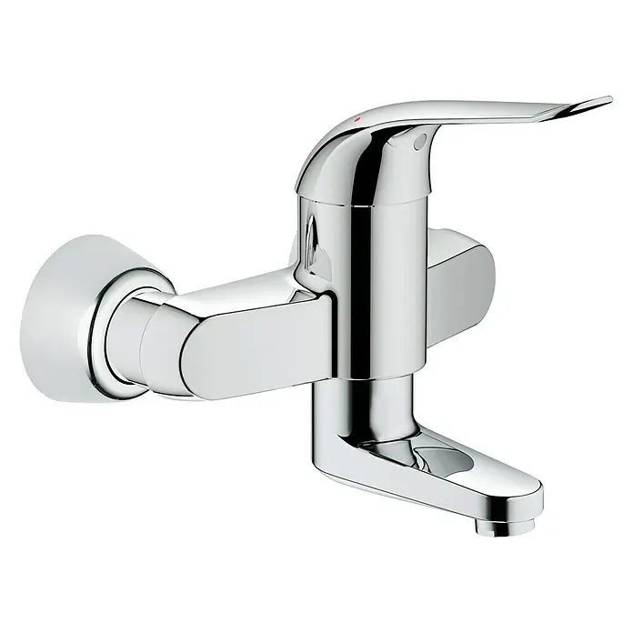 Grohe Euroeco Special Waschtischarmatur - Wandmontage, Chrom, Glänzend, Ausladung Armatur: 175 mm - Nahaufnahme eines glänzenden, verchromten Wasserhahns mit Einhebelmischer zur Wandmontage mit elegantem Auslauf und modernem Design.