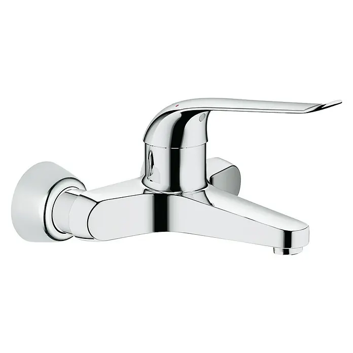 Grohe Euroeco Special Waschtischarmatur - Wandmontage, Chrom, Glänzend, Ausladung Armatur: 204 mm, Mit Einhandbedienhebel - Nahaufnahme eines glänzenden, verchromten Wasserhahns mit einem eleganten Hebel und einer modernen Formgebung vor schwarzem Hintergrund.
