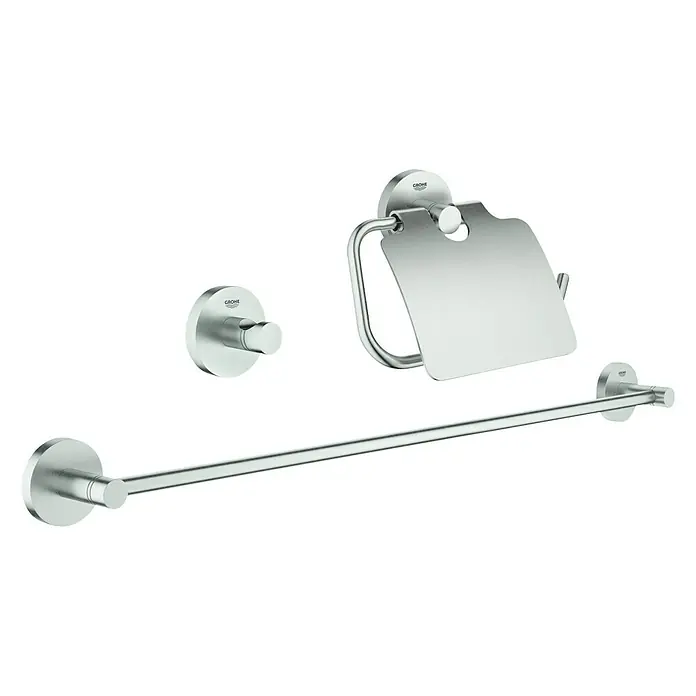 Grohe Essentials Bad-Set 3in1 - 3 -tlg., Supersteel, Matt - GROHE Essentials Zubehörset, bestehend aus Handtuchstange, Toilettenpapierhalter und Haken in glänzendem Chrom für das moderne Bad.