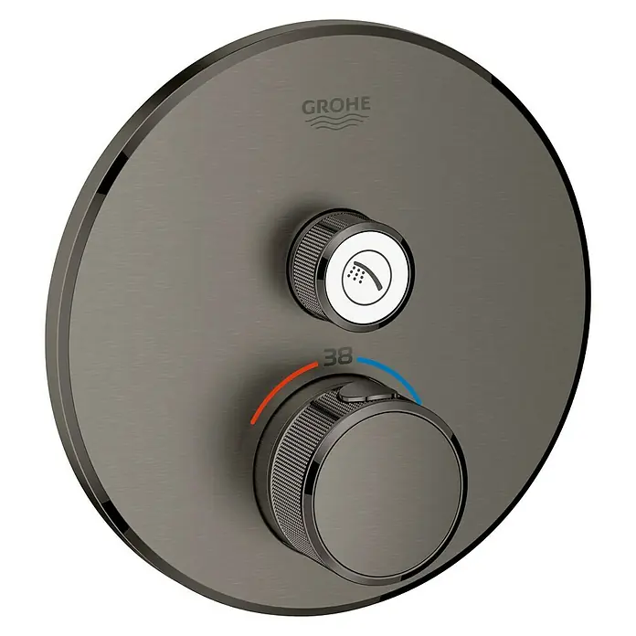 Grohe Grohtherm SmartControl UP-Thermostatarmatur - 1 Stk., Rund, Hard Graphite, Glänzend - Produktansicht eines Grohe Duschthermostats in gebürstetem Graphit. Es verfügt über zwei Drehknöpfe und ein minimalistisches Design.
