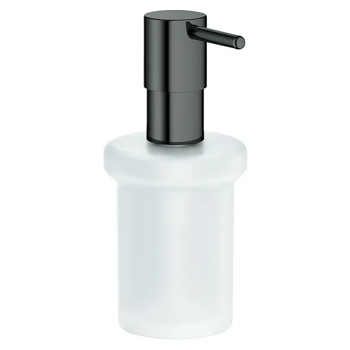 Grohe Essentials Ersatz-Seifenspender - Hard Graphite, Glänzend - Ein stilvoller Seifenspender mit einem glänzenden, schwarzen Spenderkopf und einem weißen Behälter, der modernes Design und Funktionalität vereint.