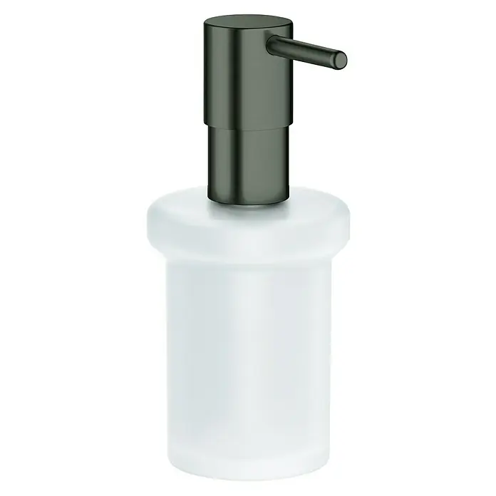 Grohe Essentials Ersatz-Seifenspender - Hard Graphite, Matt - Ein moderner Seifenspender mit einem weißen Behälter und einem eleganten, dunklen Spenderkopf. Er ist ideal für jedes Badezimmer.