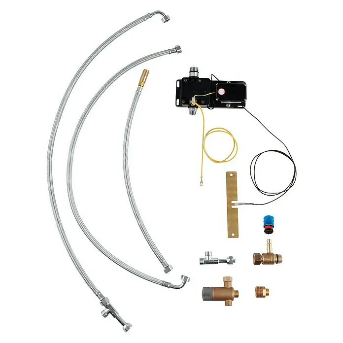 Grohe Umrüst-Set Foot Control - 6 V, Kunststoff, Silber - Abbildung verschiedener Sanitärinstallationskomponenten.