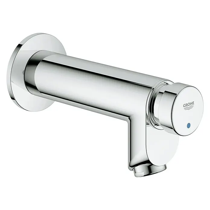 Grohe Euroeco CT Waschtischarmatur - Wandmontage, Chrom, Glänzend, Ausladung Armatur: 115 mm - Nahaufnahme eines Grohe-Waschtischarmatur, Aufputzmontage mit runder Rosette und Bedienhebel, glänzendes Chromfinish.