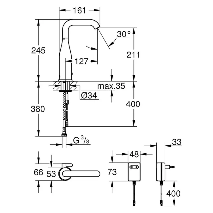 Grohe Essence Waschtischarmatur mit Temperaturregulierung, netzbetrieben - Infrarot-Elektronik, Chrom - Technische Zeichnung einer GROHE Essence Waschtischarmatur mit allen relevanten Maßen.