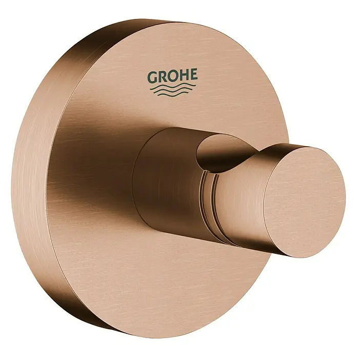 Grohe Essentials Bademantelhaken - Warm Sunset, Matt - Nahaufnahme des Grohe Essentials Authentic Bademantelhaken in gebürstetem Rotgold für stilvolle Badezimmeraufbewahrung.