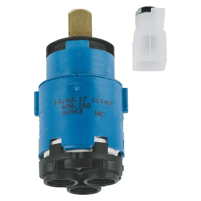 Grohe Kartusche - Durchmesser Kartusche: 28 mm, SilkMove Funktion - Detailaufnahme einer blauen Sanitärkartusche mit einem weißen Adapterstück, ideal für Reparaturen im Sanitärbereich.