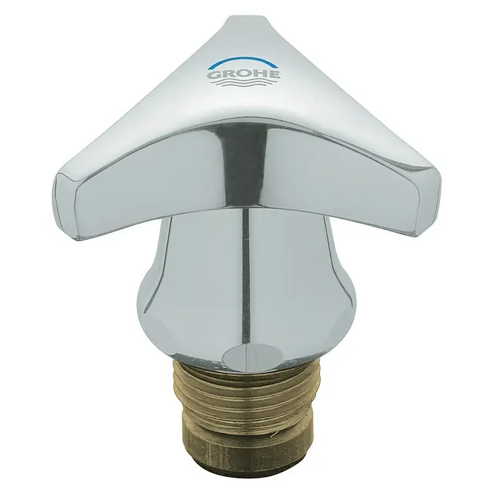 Grohe Hahnoberteil Atlanta Trecorn - ½″, Chrom/Blau, 10 Stk. - Nahaufnahme eines Grohe Wasserhahnaufsatzes aus glänzendem Chrom mit messingfarbenem Gewinde. Das Produkt ist vor einem schwarzen Hintergrund abgebildet.