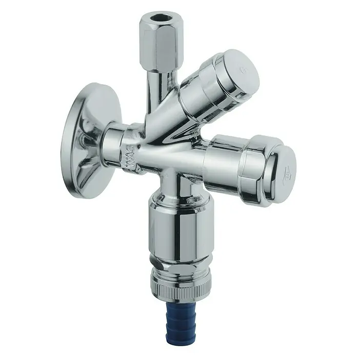 Grohe Geräteventil WAS-Kombi - ½″, Verchromt, Mit Sicherungseinrichtung - Das Bild zeigt ein verchromtes Eckventil mit drei Abgängen, ideal für den Anschluss von Wasserleitungen in Bad oder Küche.