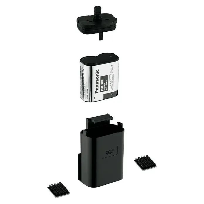 Grohe Batteriekasten - 6 V, Lithium, CR-P2 - Eine Explosionszeichnung einer GROHE-Armatur, die die Batterie, die Batteriehalterung und andere Kleinteile zeigt.