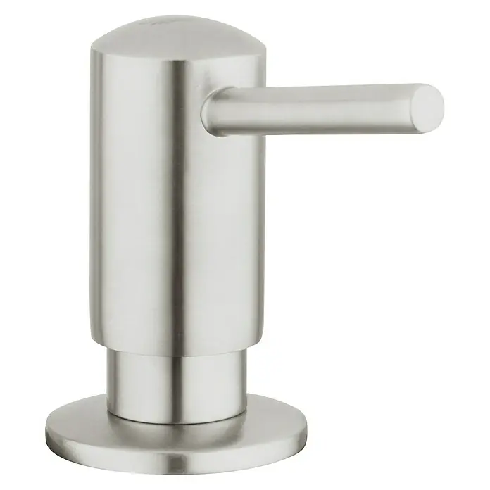 Grohe Seifenspenderpumpe Contemporary - Supersteel - Nahaufnahme eines stilvollen Seifenspenders aus gebürstetem Edelstahl, der ein modernes und hygienisches Badezimmeraccessoire darstellt.