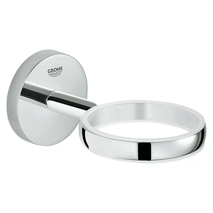 Grohe Bau Cosmopolitan Becher- & Seifenhalter - Chrom, Glänzend - Diese Abbildung zeigt einen Grohe Seifenring, der mit einer Halterung an der Wand befestigt ist. Er präsentiert ein modernes Design.