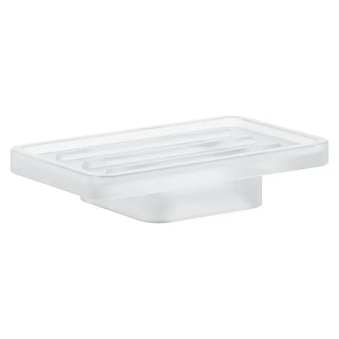 Grohe Selection Cube Seifenschale - Glas, Transparent - Nahaufnahme einer transparenten Seifenschale mit Rillen, die auf einem Badezimmerwaschtisch platziert ist.