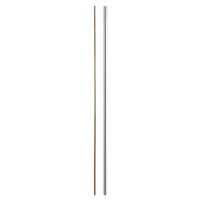 Grohe Ersatz-Brauserohr Euphoria / Rainshower - Passend für: Rainshower / Euphoria Duschsysteme, Metall, 114 cm - Nahaufnahme zweier schlanker Säulen, eine in Holzoptik und eine in glänzendem Silber, vor einem neutralen, schwarzen Hintergrund.