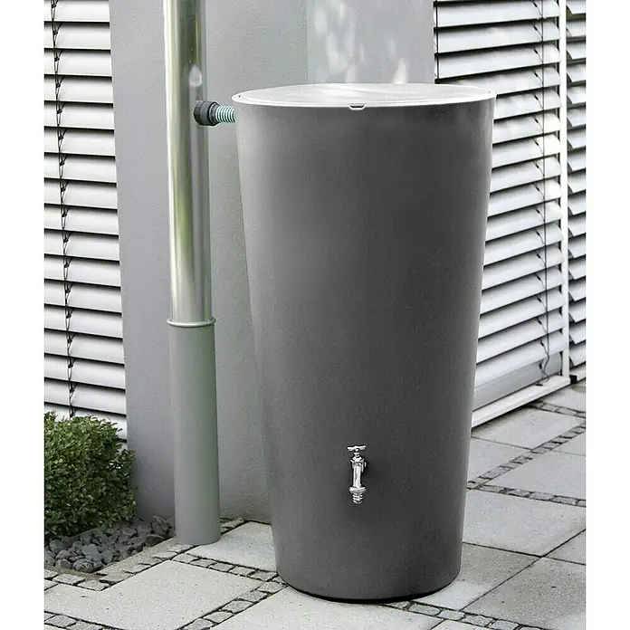 Arves Regenspeicher Rainbowl - 210 l, Anthrazit - Graue Regentonne mit Wasserhahn und Zulauf vom Fallrohr, zur Gartenbewässerung oder Reinigung.