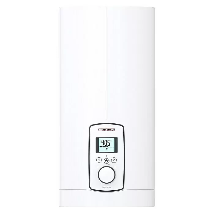 Stiebel Eltron Calentador - 18/21/24 kW, Electrónico, Se puede cerrar - Calentador de agua instantáneo blanco Stiebel Eltron con pantalla digital que muestra 40.5 °C y panel de control central.