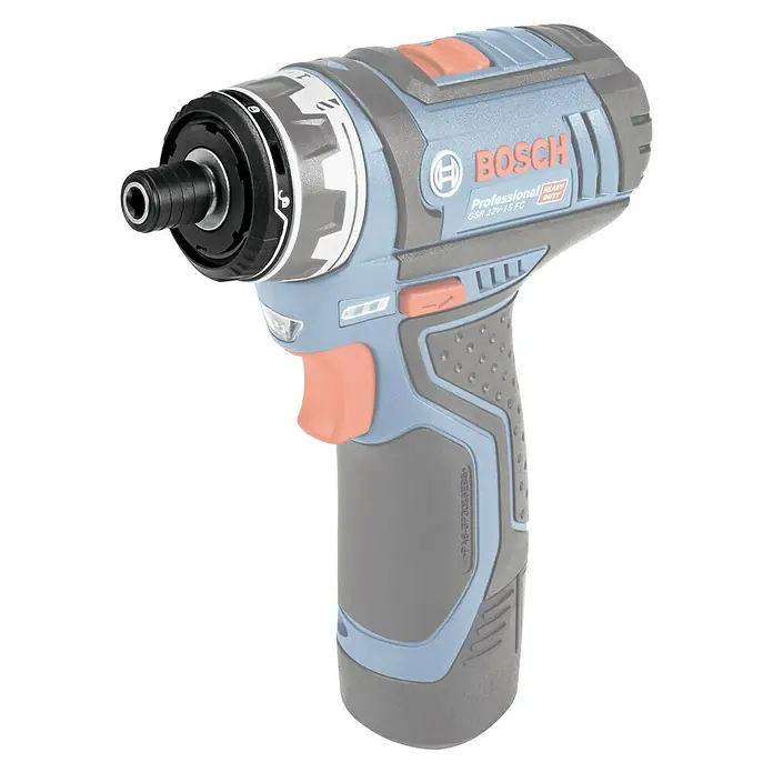 Bosch Bohr-Aufsatz GFA 12-X - Aufnahme: ¼″ Sechskant, Passend für: Bosch Professional Akku-Bohrschrauber GSR 12V-15 FC - Nahaufnahme eines blauen Bosch Professional GSR 12V-15 FC Akku-Bohrschraubers mit schwarzem Hintergrund.