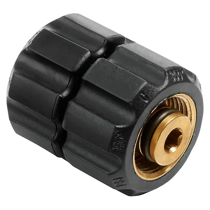 Bosch Professional Adapter GHP 5-55/5-75X - Passend für: Bosch Professional GHP 5-13 C/GHP 5-14/GHP 6-14 - Nahaufnahme einer schwarzen Hochdruckdüsenspitze mit goldenem Einsatz, ideal für Reinigungsarbeiten.