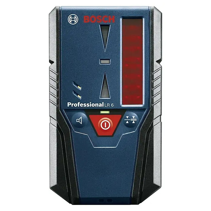 Bosch Professional Laserempfänger LR 6 - Passend für: Bosch Professional Linienlaser GCL 2-50 C, GLL 3-80, GLL 3-80 C, Arbeitsbereich: 5 - 50 m - Nahaufnahme des Bosch Professional LR 6 Laserempfängers mit blauem Gehäuse, roter Anzeige und Bedienelementen.