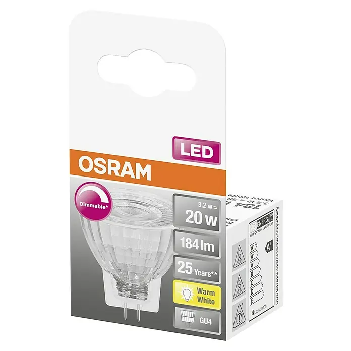 Osram Bombilla LED Superstar MR11 - GU4, Intensidad regulable, Blanco cálido, 184 lm, 2,8 W - Primer plano de una lámpara LED OSRAM, regulable, 20W, blanco cálido, con base GU4, ideal para crear iluminación ambiental.