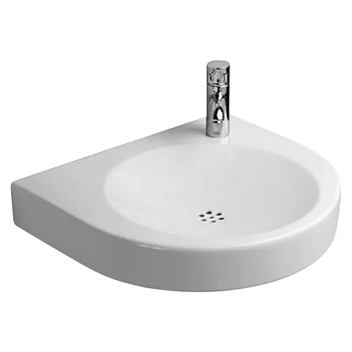 Duravit Architec Waschtisch Vital Med - 57,5 x 52 cm, Ohne Spezialglasur, Hahnloch: Rechts, Ohne Überlauf, Weiß - Ein weißes, eckiges Waschbecken mit einem modernen Chrom-Wasserhahn auf einem schwarzen Hintergrund.