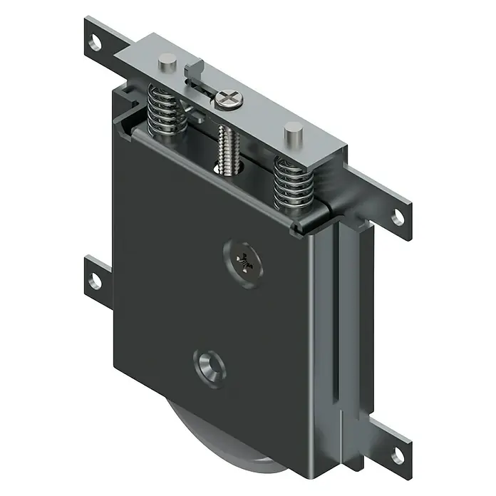 Herrajes para puerta corredera de armarios - 4 pzs. - Vista detallada de un herraje para puerta corredera suspendida con suspensión y elementos de fijación.