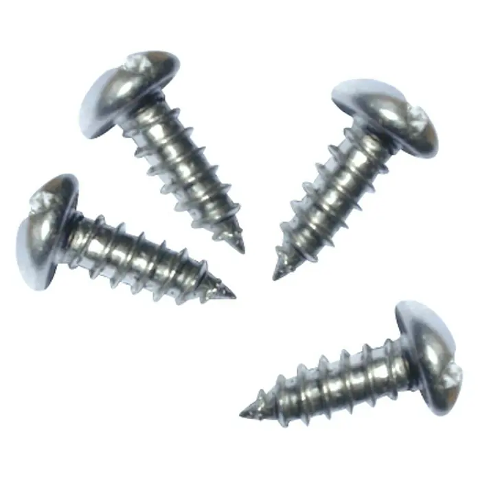 Herrajes para puerta corredera de armarios - 4 pzs. - Primer plano de cuatro tornillos de cabeza alomada plateados brillantes con roscas afiladas sobre un fondo negro.