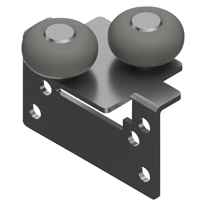 Herrajes para puerta corredera de armarios - 4 pzs. - Vista del producto de un accesorio de rodillo para muebles. El accesorio es de metal y tiene dos rodillos. Ideal para puertas correderas.