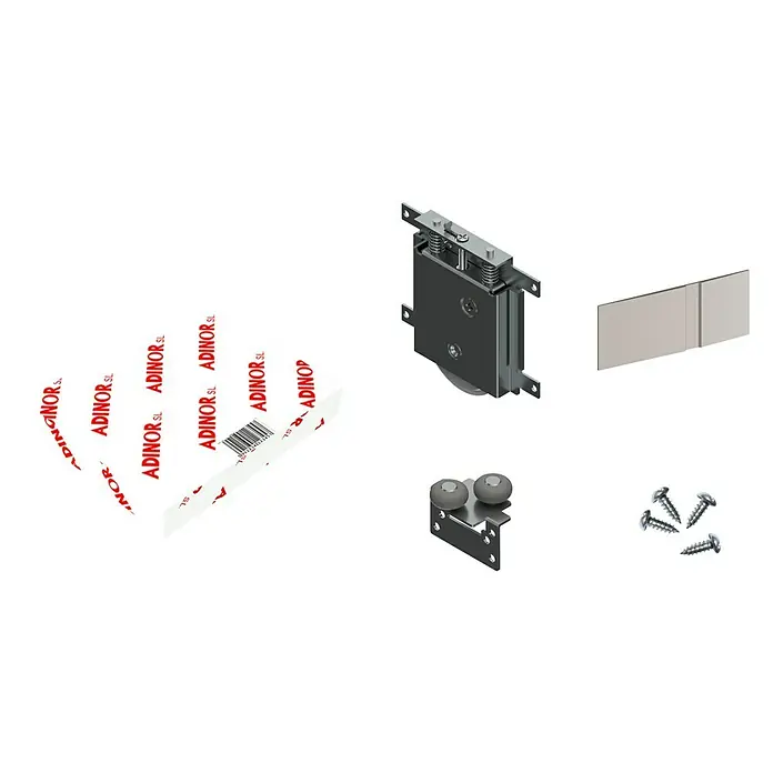 Herrajes para puerta corredera de armarios - 4 pzs. - Imagen de un juego de herrajes para puertas correderas, que incluye rodillos, guías, tornillos y embalaje de ADINOR SL.