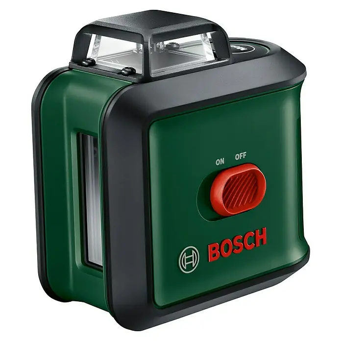Bosch UniversalLevel Nivel láser en cruz Level 360 + trípode - Zona de trabajo máx.: 12 m, 7 pzs. - Primer plano de un láser de línea cruzada Bosch, una herramienta para una alineación precisa en interiores.