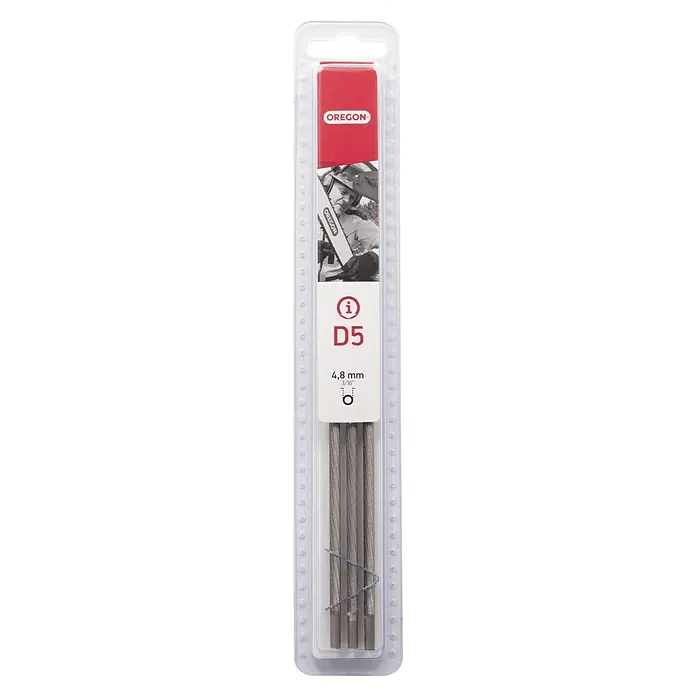 Oregon Sägekettenfeile Q70508 - 3 Stk., Durchmesser: 4,8 mm - Oregon D5 Feilen-Set, 4,8 mm, zum Schärfen von Kettensägen, verpackt in einer transparenten Blisterpackung mit rotem Oregon-Logo.