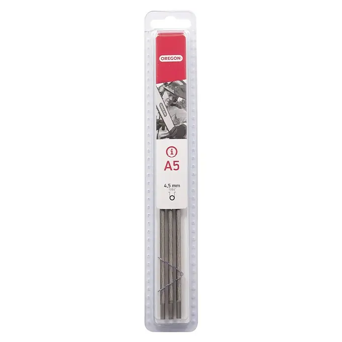 Oregon Juego de limas Q70512 - 3 ud., Diámetro: 4,5 mm - Limas para motosierra Oregon A5 en blíster. Las limas tienen un diámetro de 4,5 mm y son aptas para la mayoría de motosierras.