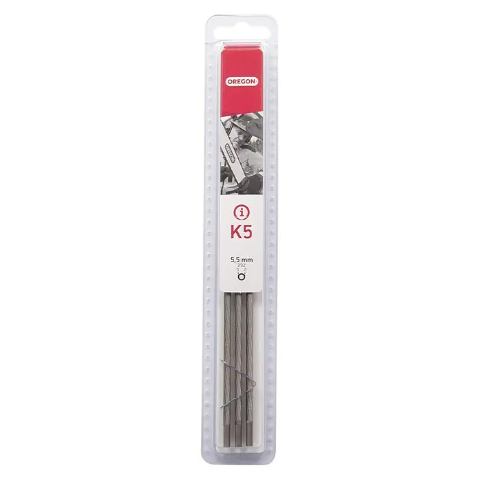 Oregon Juego de limas K5 - 3 ud., Diámetro: 5,5 mm - Un paquete de limas para motosierra Oregon K5, de 5,5 mm, envasadas en un blister de plástico transparente con la marca Oregon en rojo.