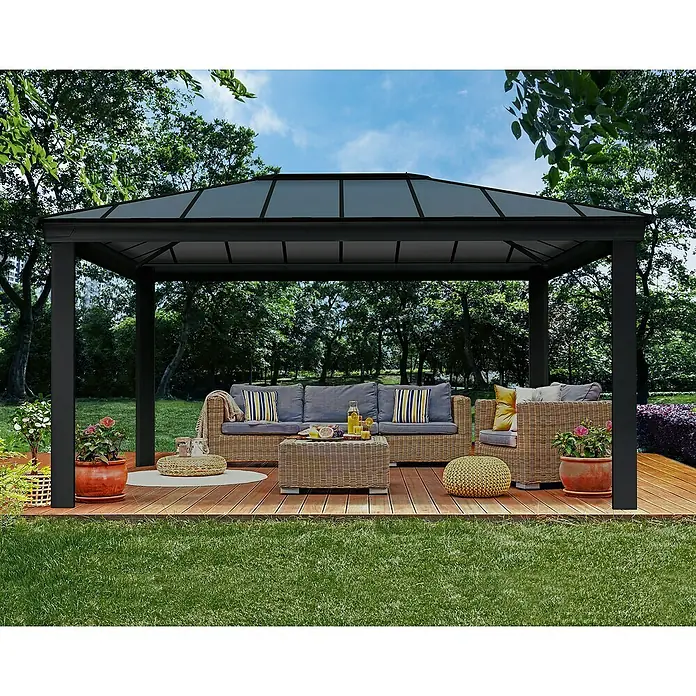 Palram – Canopia Standard-Pavillon Dallas - B x T: 360 x 483 cm, Material Gestell: Aluminium - Ein stilvoller Pavillon mit Möbeln, perfekt für entspannte Stunden im Garten. Die robuste Konstruktion bietet Schutz und Komfort im Freien.