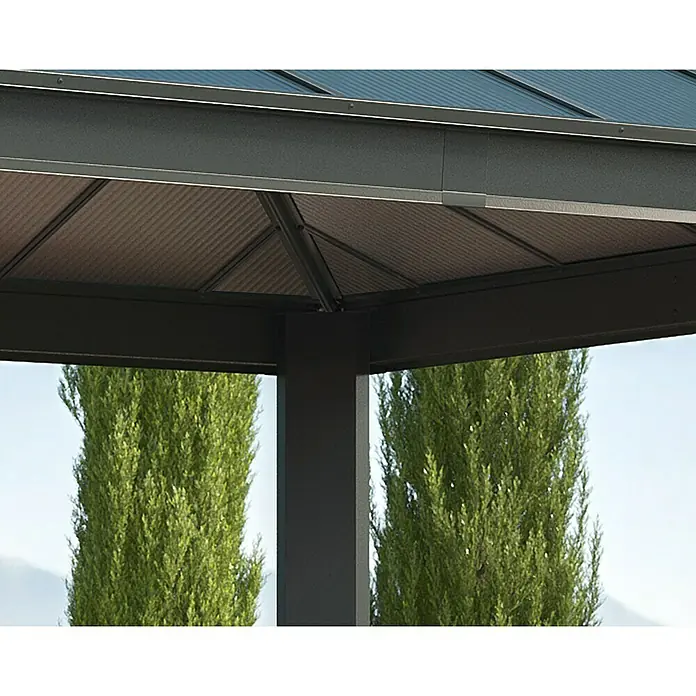Palram – Canopia Standard-Pavillon Dallas - B x T: 360 x 483 cm, Material Gestell: Aluminium - Detailansicht eines Pavillons mit Fokus auf Dachkonstruktion und Stützpfeiler. Elegantes Design für den Außenbereich.
