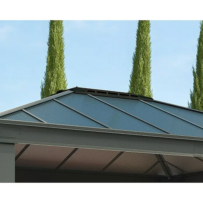 Palram – Canopia Standard-Pavillon Dallas - B x T: 360 x 483 cm, Material Gestell: Aluminium - Nahaufnahme des robusten Gazebodachs mit Entlüftung, das Schatten und Schutz bietet. Elegantes Design für jeden Außenbereich.