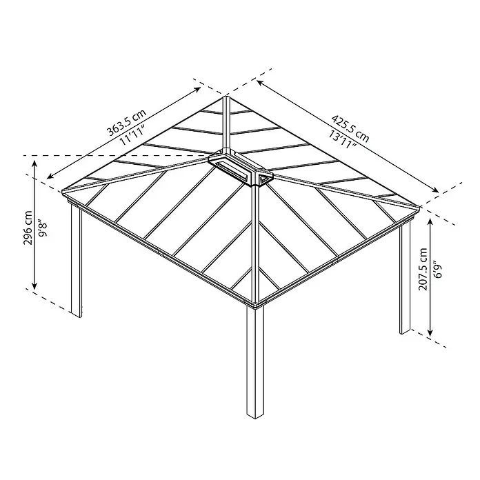 Palram – Canopia Standard-Pavillon Dallas - B x T: 360 x 422 cm, Material Gestell: Aluminium - Ansicht eines Pavillons mit Maßangaben zu Höhe, Länge und Breite in Zentimetern und Zoll für Bau oder Kauf.