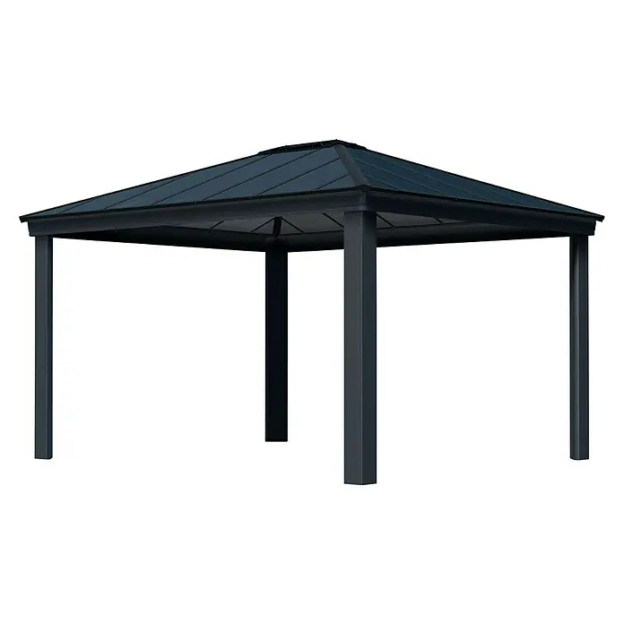 Palram – Canopia Standard-Pavillon Dallas - B x T: 360 x 422 cm, Material Gestell: Aluminium - Das Bild zeigt ein stilvolles, graues Pavillon mit einem robusten Dach, ideal für Garten und Terrasse. Es bietet Schutz und eine elegante Optik.