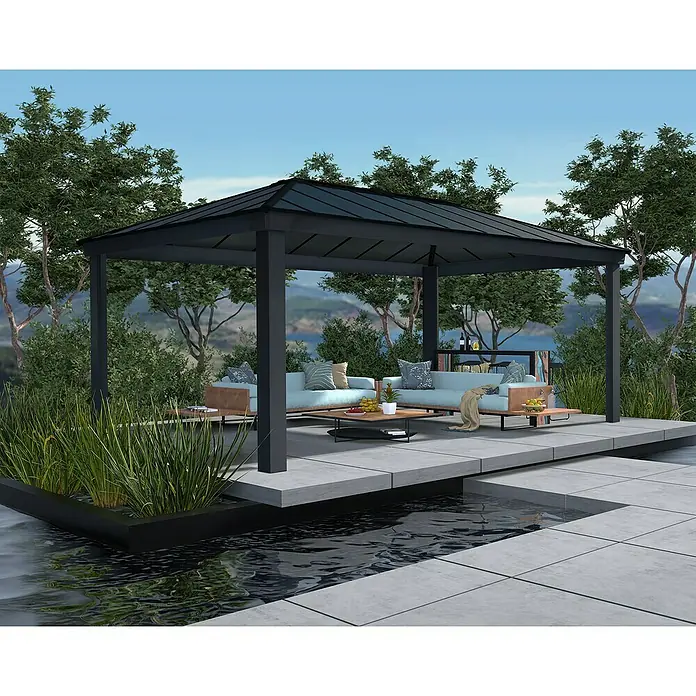 Palram – Canopia Standard-Pavillon Dallas - B x T: 360 x 607 cm, Material Gestell: Aluminium - Moderne Outdoor-Lounge mit Pavillon: Elegantes Design mit bequemen Sofas und stilvollem Ambiente für entspannte Stunden im Freien.