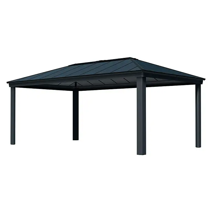 Palram – Canopia Standard-Pavillon Dallas - B x T: 360 x 607 cm, Material Gestell: Aluminium - Eine moderne graue Gartenlaube mit einem schrägen Dach, ideal für den Außenbereich und entspannende Stunden im Garten.
