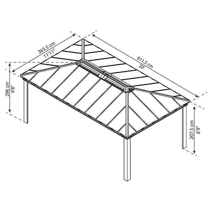 Palram – Canopia Standard-Pavillon Dallas - B x T: 360 x 607 cm, Material Gestell: Aluminium - Perspektivische Zeichnung eines Pavillons mit Maßangaben in Zentimetern und Fuß, die die Größe und Abmessungen des Produkts hervorheben.