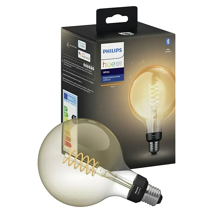 Philips Hue Bombilla LED inteligente Globo gigante - E27, Intensidad regulable, Blanco cálido, 550 lm, 7 W, Denominación de la lámpara: G125 - Imagen del producto de una bombilla Philips Hue White Filament G125 E27, que ofrece una iluminación agradable y regulable para tu hogar.